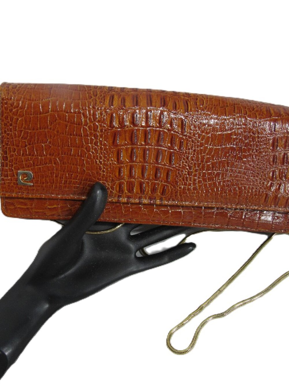 RARE VINTAGE PIERRE CARDIN FRANCE LEATHER CROC CLUTCH BAG 4 POCKETS KISS LOCK